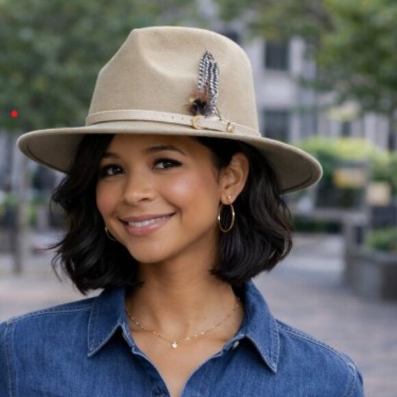 Accessories - Tan Women's Felt Fedora Western Cowboy Hat Cream Belt Feather Accent